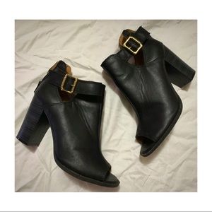 Black open toed wedge heel ankle booties